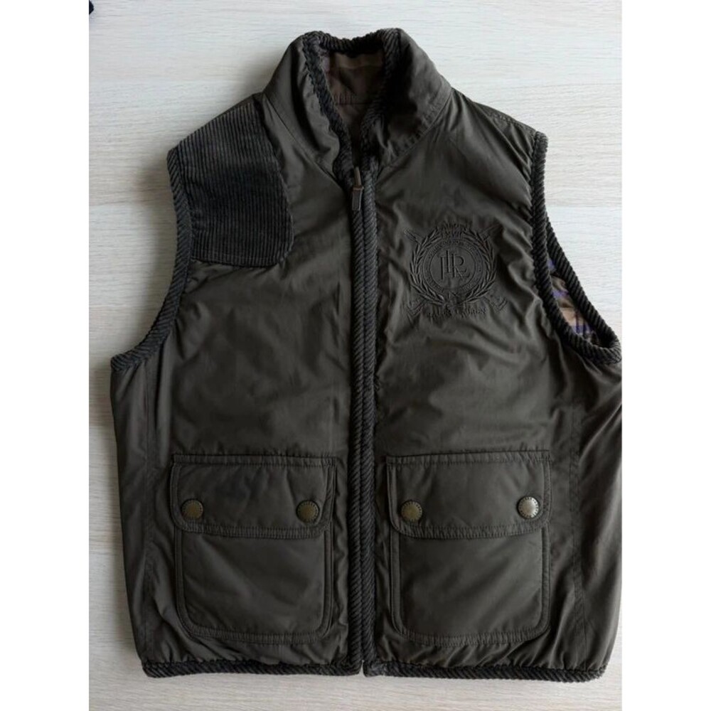 Lauren Ralph Lauren Reversible Quilted Vest P Olive Plaid Corduroy Equestrian
